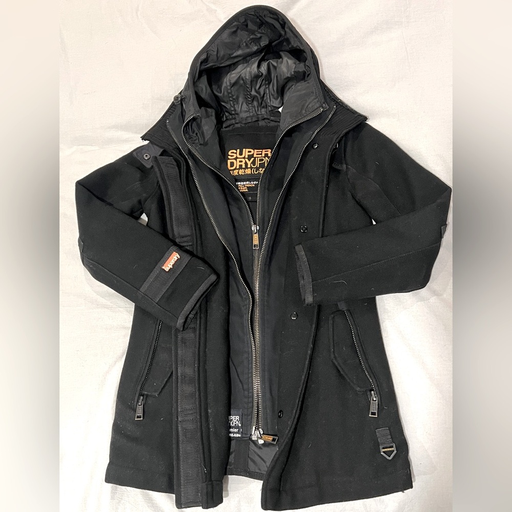 SUPERDRY JPN Black Label Premier Pea Trench Waterproof HEAVY Wool Car Coat SMALL